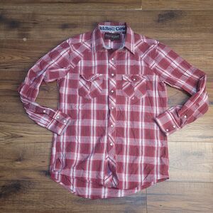 Rock & Roll Cowboy Pearl Snap Shirt Mens Small Red Plaid Long Sleeve Casual‎